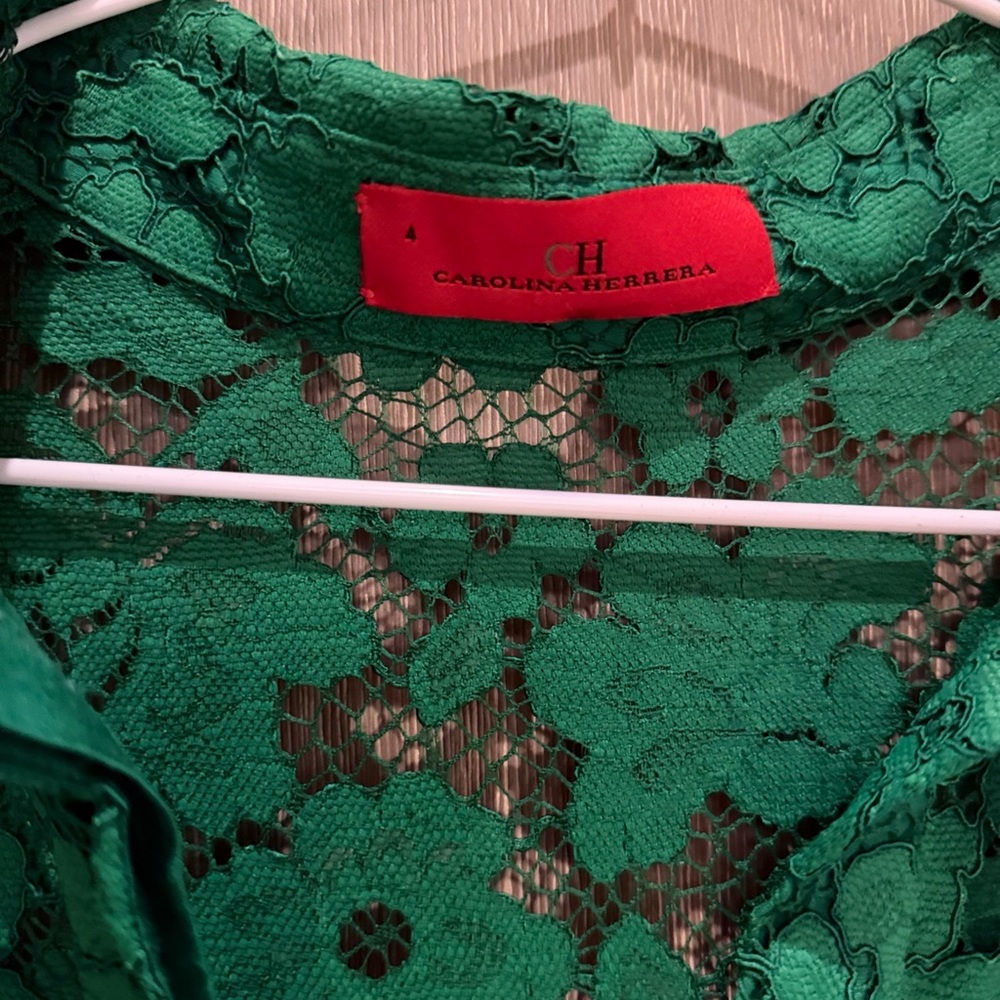 Carolina Herrera Emerald Green Long-Sleeve Lace Shirt Dress - Picture 10 of 16